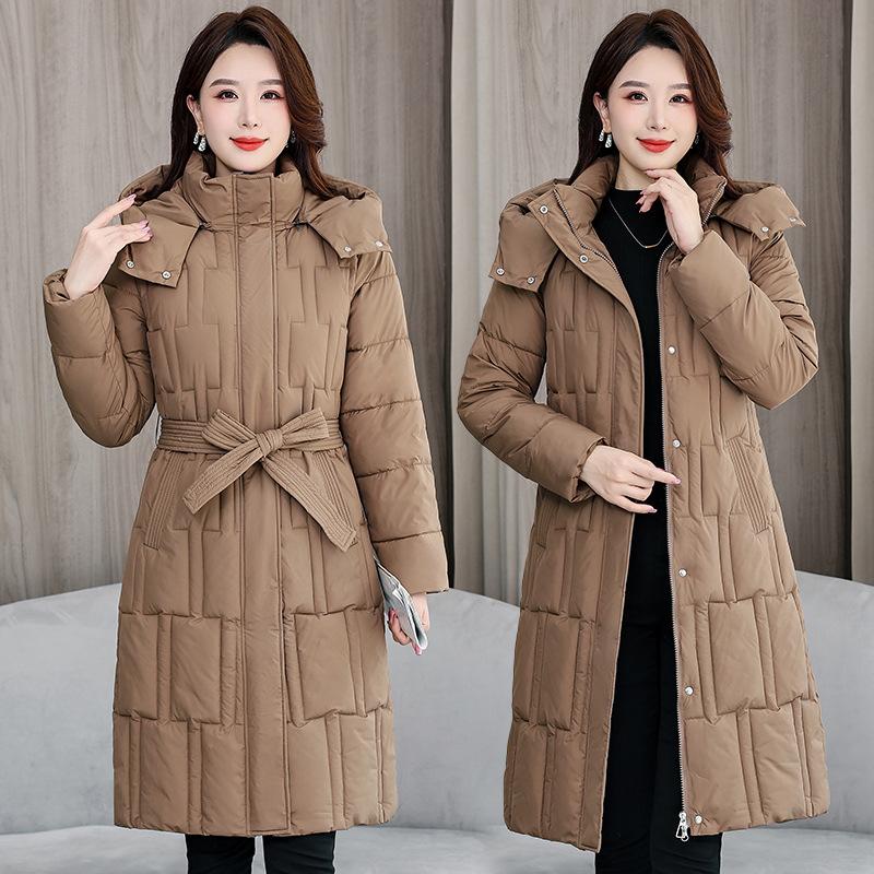 Down cotton jacket women's 2025 winter new Korean cotton jacket waist-cinched mid-length thickened slimming hooded jacket