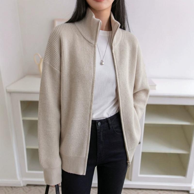 Cárdigan Grueso de Punto para Mujer, Cuello Semi Alto con Cremallera, Manga Larga, Top Casual