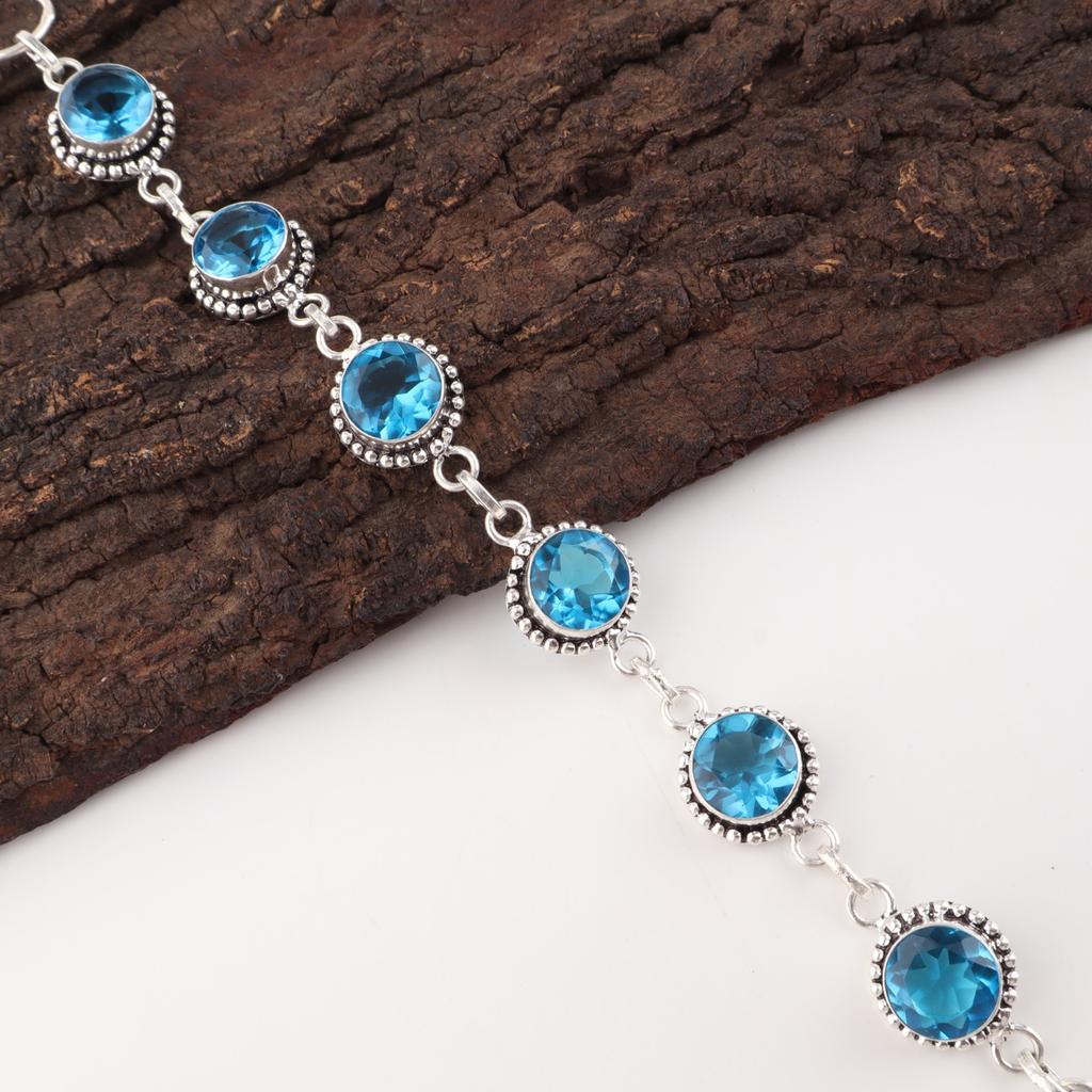 Swiss Blue Topaz Gemstone 925 Sterling Silver Jewelry Handcrafted Bracelet 7-9" RB-17-8