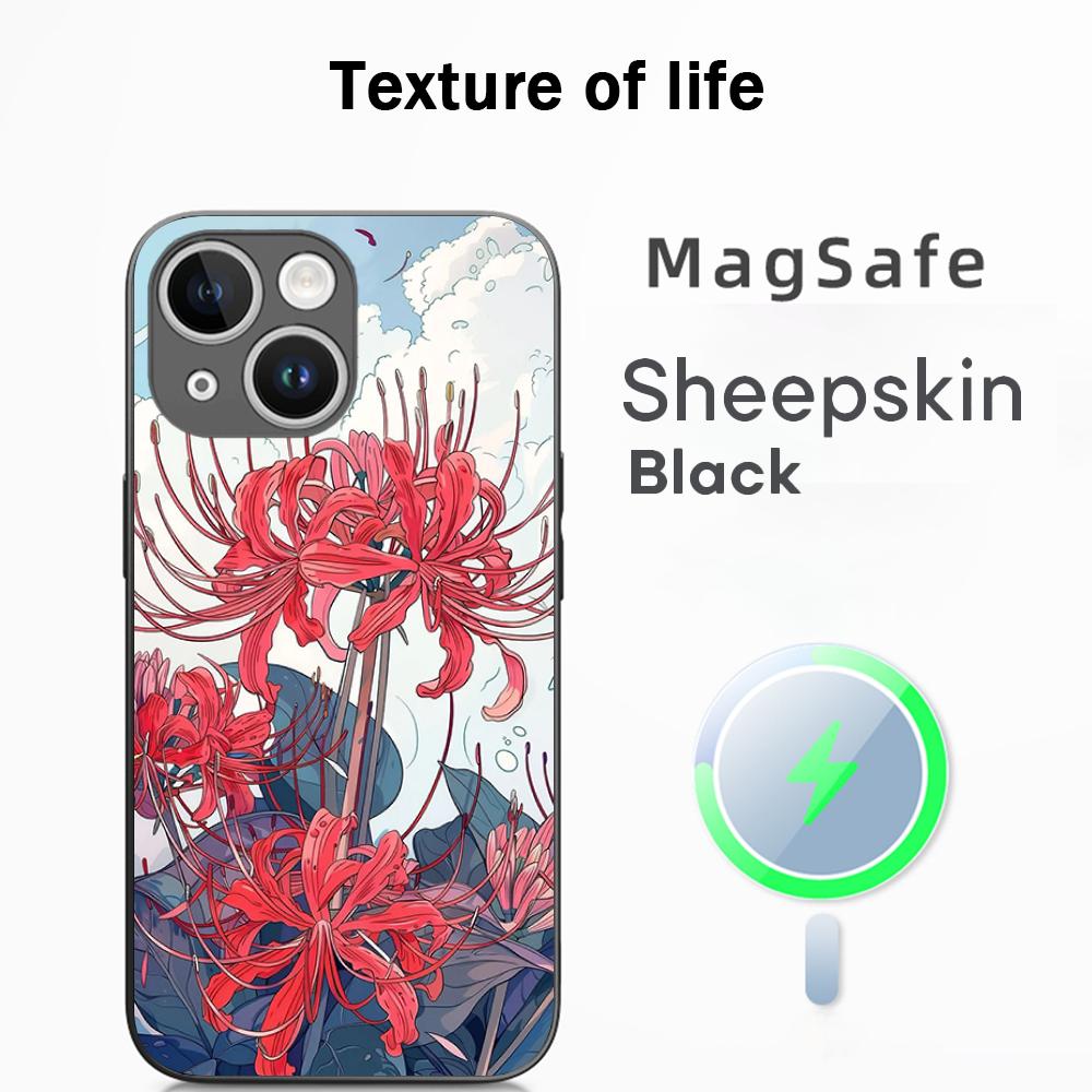Japan art red spider lily pattern Phone Case For iPhone 17 16 15 14 13 12 Plus Pro Max  High-end Luxury Magsafe Sheepskin