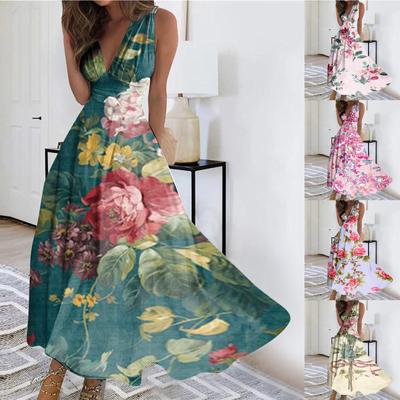 Women's Long Dress Maxi Dress Casual Dress Summer Casual Sleeveless V Neck Boho Waist Retraction Printed Dress