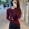 Women's Korean-Style Burgundy Long Sleeve T-Shirt Slim Fit Inner Wear Base Layer for Spring and Autumn Sweet Spicy Chic Unique Top