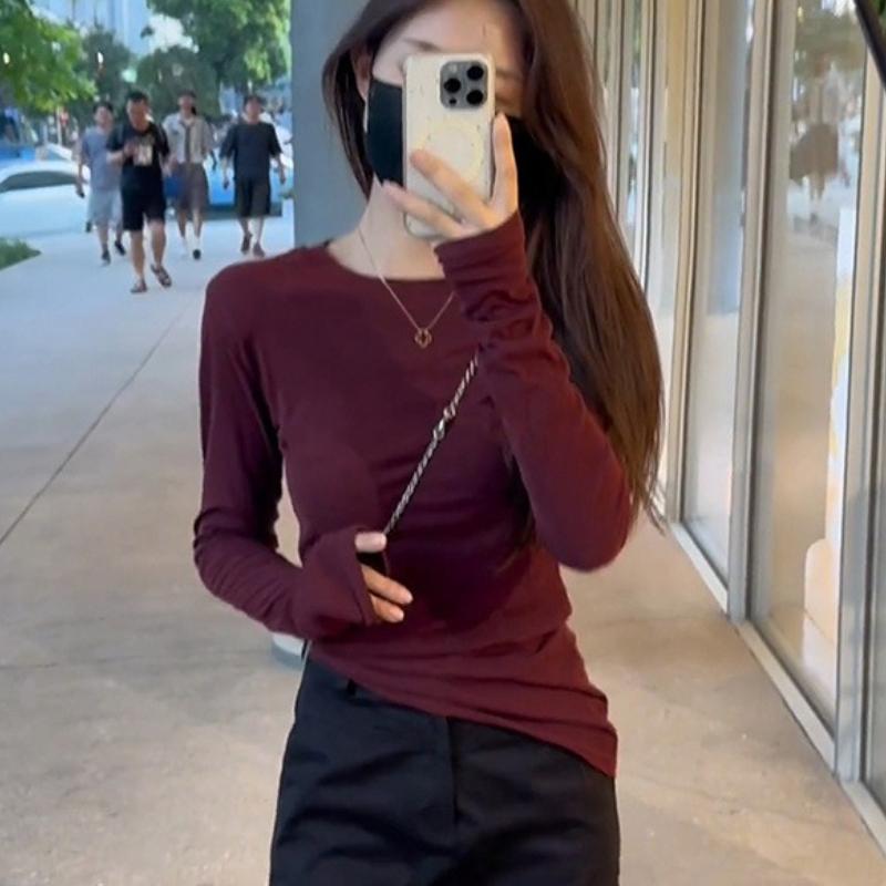 

Women s Korean-Style Burgundy Long Sleeve T-Shirt Slim Fit Inner Wear Base Layer for Spring and Autumn Sweet Spicy Chic Unique Top M