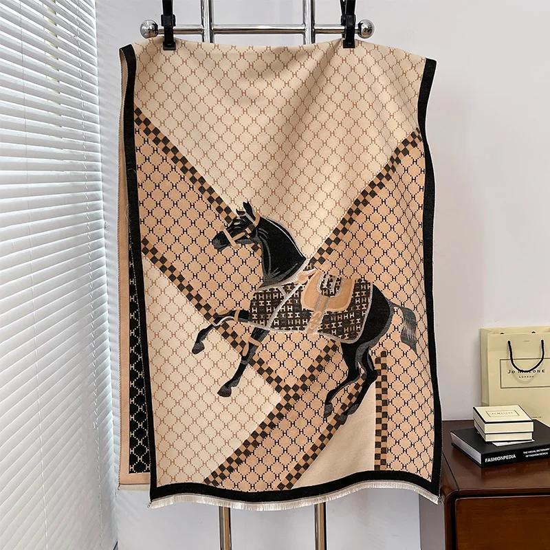 Winter New Cashmere Feel Scarf Horse Print Thicken Warm Pashmina Foulard Lady Soft Bufanda Shawls Wraps