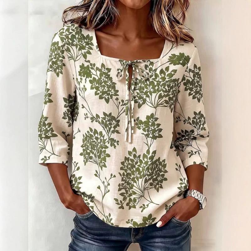 Womens Retro Floral Print Square Neck 3 Quarter Sleeve Casual Loose Top