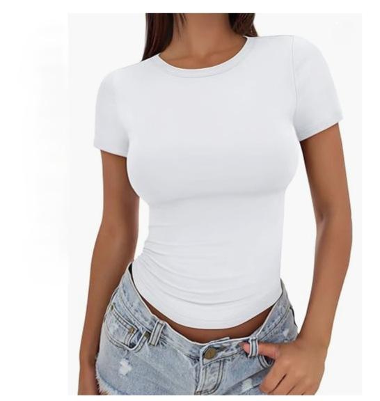 Europe beautiful woman tight spice navel short t-shirt summer slim crew neck short sleeve women's top