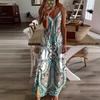 Women's V Neck Sleeveless Printed Maxi Dress High Waist Bohemian Casual Long Dress