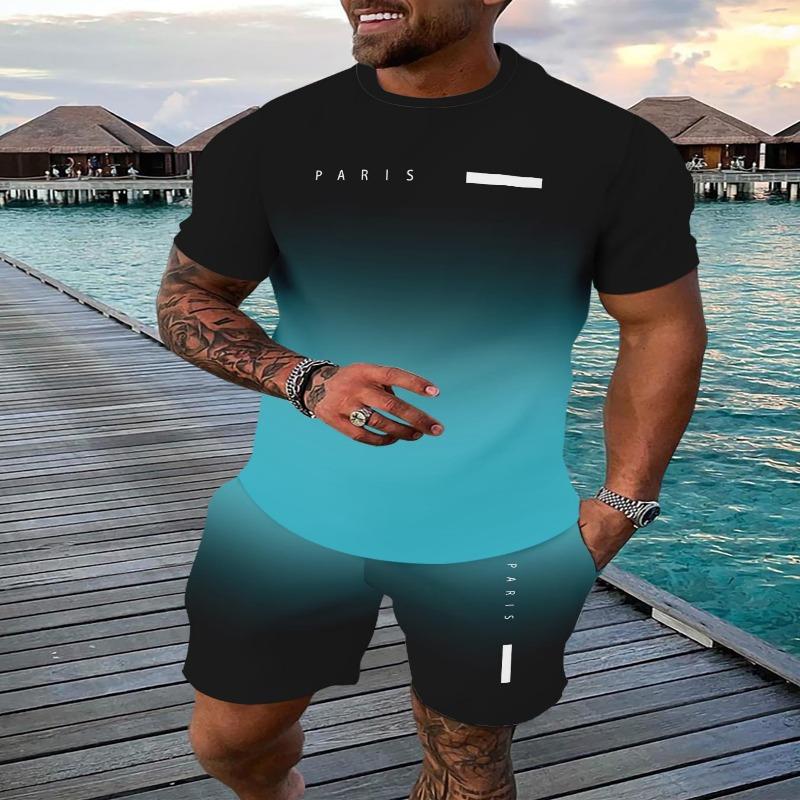 Lässiger Sportanzug atmungsaktiv Outdoor Freizeit Herren T-Shirt Fünf-Viertel-Hosen-Anzug Sommer 3D-Druck Anzug für Herren und Erwachsene