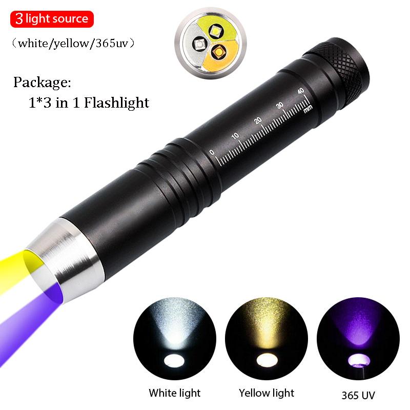 UV Led Flashlight Ultraviolet 365nm/395nm UV White Yellow 3 LEDs Lanterna Jade Jewelry Money Identification Pet Stains Marker