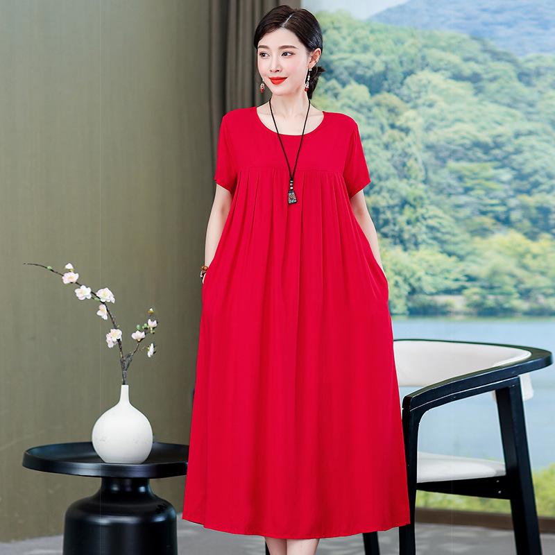 

Plus Size Loose Solid Color Pleated Summer Dress - Casual Versatile Long Skirt for Moms XL for 95-125 lbs