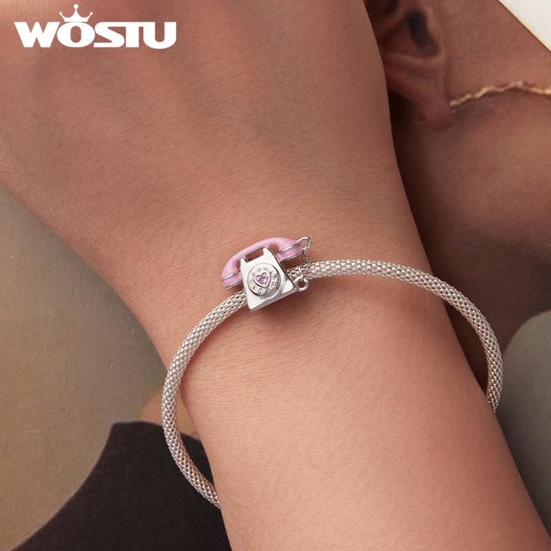 WOSTU Sweet Girl Jewelry Gift 925 Sterling Silver Birthday Cake Bear Charm Pink Telephone Bead Perfume Bottle Pendant Necklaces