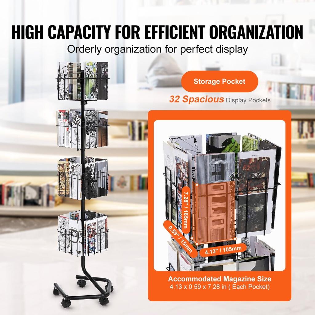 Brochure Display Rack 32-Pocket Rotating Literature Display Stand 5 Wheels