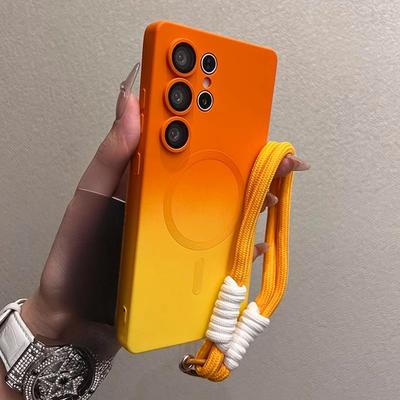 Custodia Magsafe di Lusso con Colore Sfumato per Samsung Galaxy S25 S24 S23 S22 S21 Ultra S25 Plus Copertura Morbida in Silicone Liquido con Catena da Polso