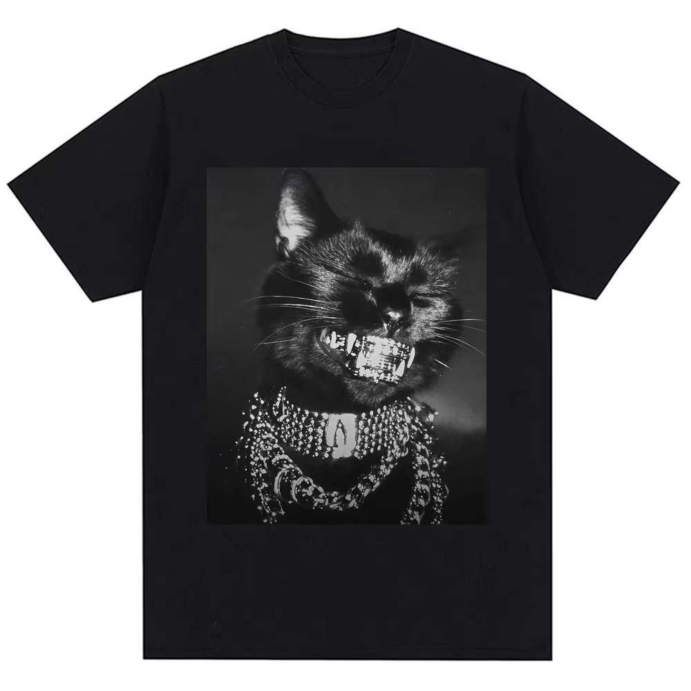Funny Black Cat Y2k Kitten Meme Print T Shirt Men Women Vintage Fashion T-shirts Oversized Cotton Casual T-shirt