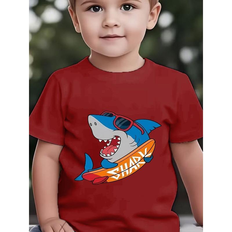 Boys Summer Crewneck T-Shirt, Cute Cartoon Shark Surfboard Print Breathable Short Sleeve Casual Tee