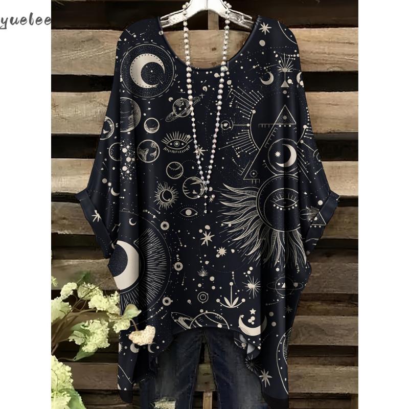 2025 Camiseta Elegante Bohemia para Mujer Estampado Floral de Mariposas Dobladillo Asimétrico Cuello Redondo Versátil y Lavable a Máquina Verano