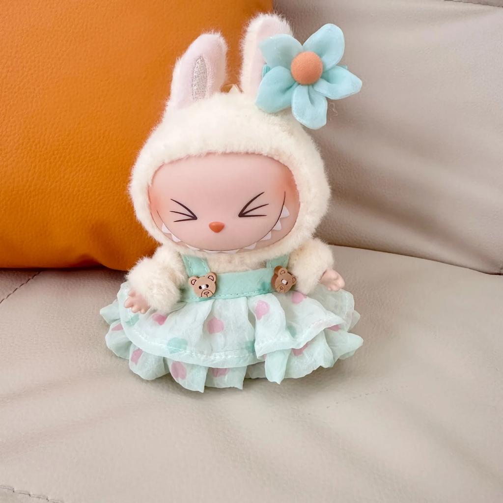 17cm Labubu Doll Outfit with Pleated Skirt Flower Hairpin and Baseball Cap Hat Set Labubu Clothing Accessories