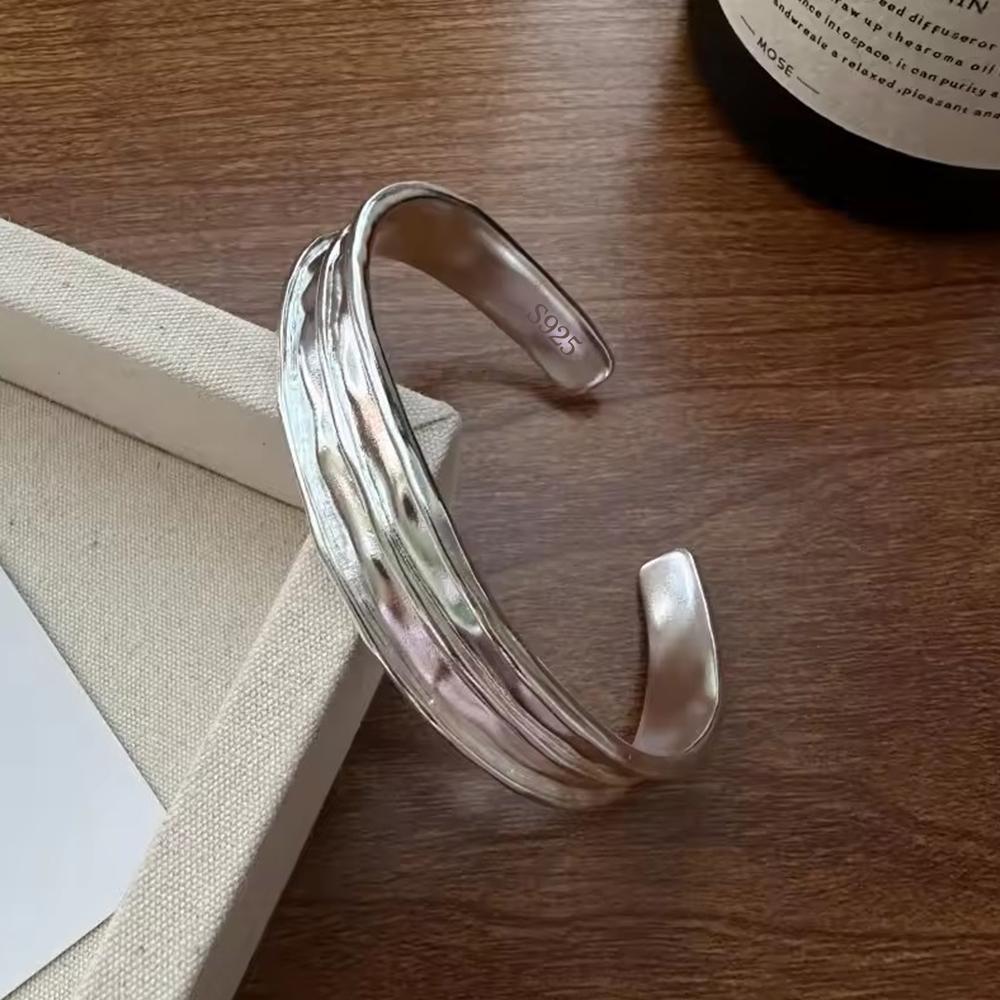 PANJBJ 925 Sterling Silver Irregular Geometry Texture Bangle Bracelet for Women Girl Minimalism Jewelry Gift Dropshipping