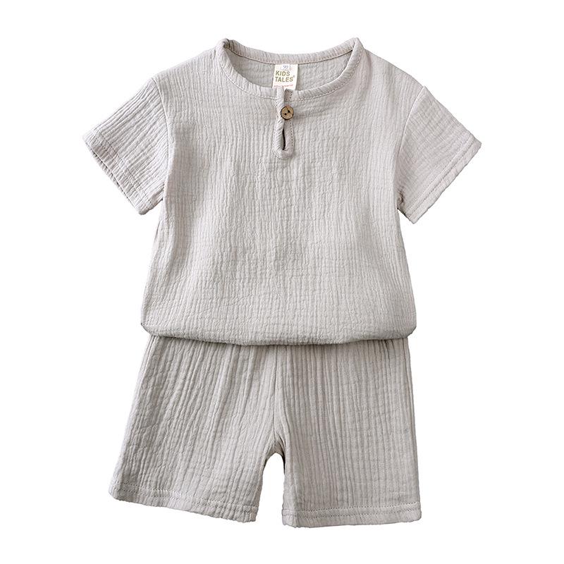 Summer Simple Cotton Linen Two-Piece Set: Breathable Short Sleeve and Shorts for Boys and Girls