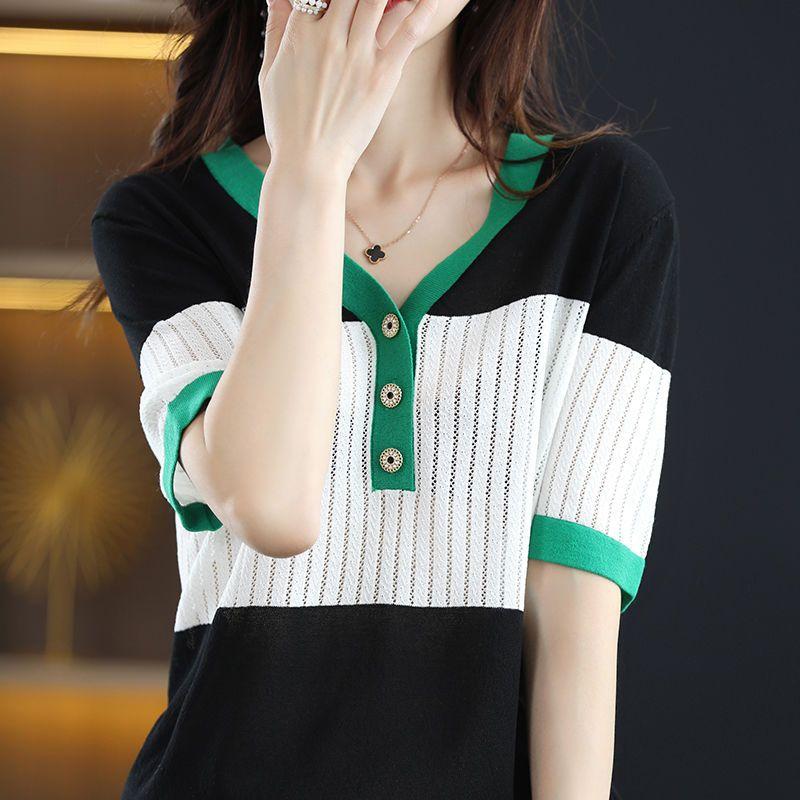 Summer V-neck Striped Patchwork Knitted Top Women Short Sleeve Loose Casual All-match Tee Ladies Buttons Pullovers T-shirt Femme