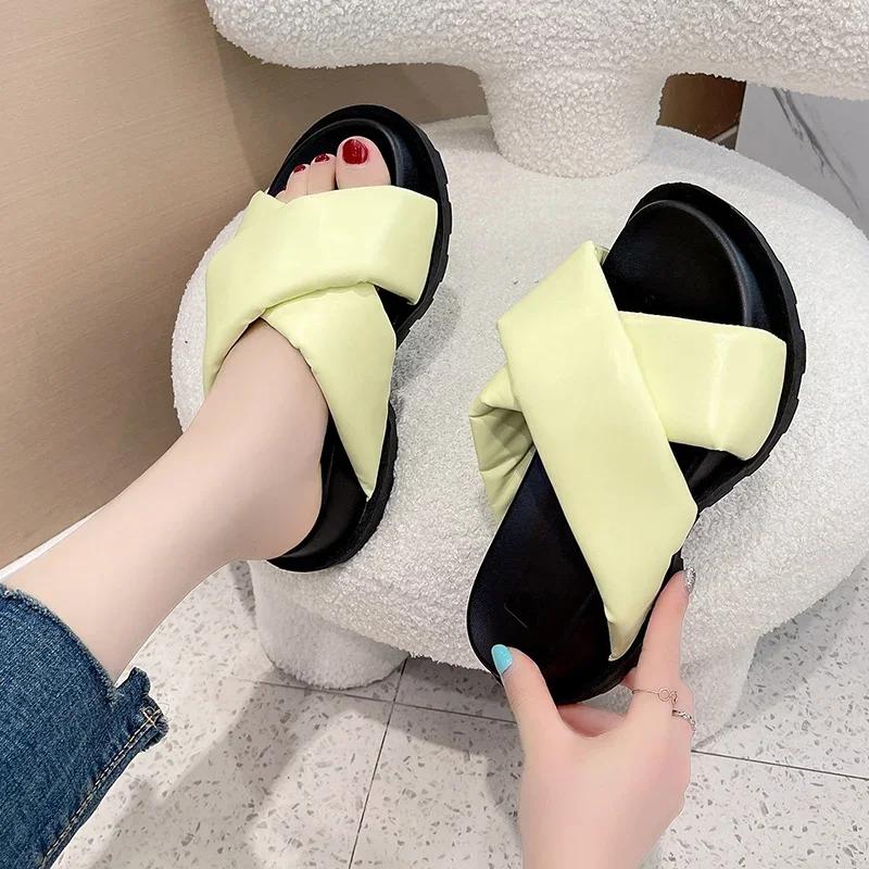 Mode Koreanischer Stil Kreuzriemen Dicke Sohle Hausschuhe Damenmode Sommer Klobige Plateausandalen Frau Outdoor Rutschfeste Pantoletten Mujer