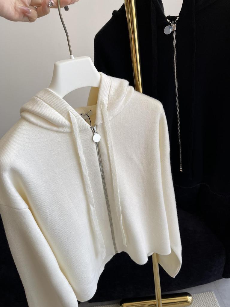 European Style French High-End Women's Embossed Ramie Wool Hooded Knit Cardigan Sweater
