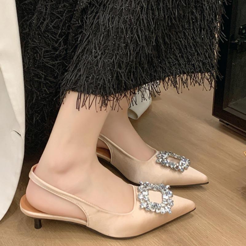 Fashion Baotou Sandals Spring Pointed Head Shallow Mouth Crystal Square Head Cover Foot Anti-slip Wear-resistant Heel Shoes