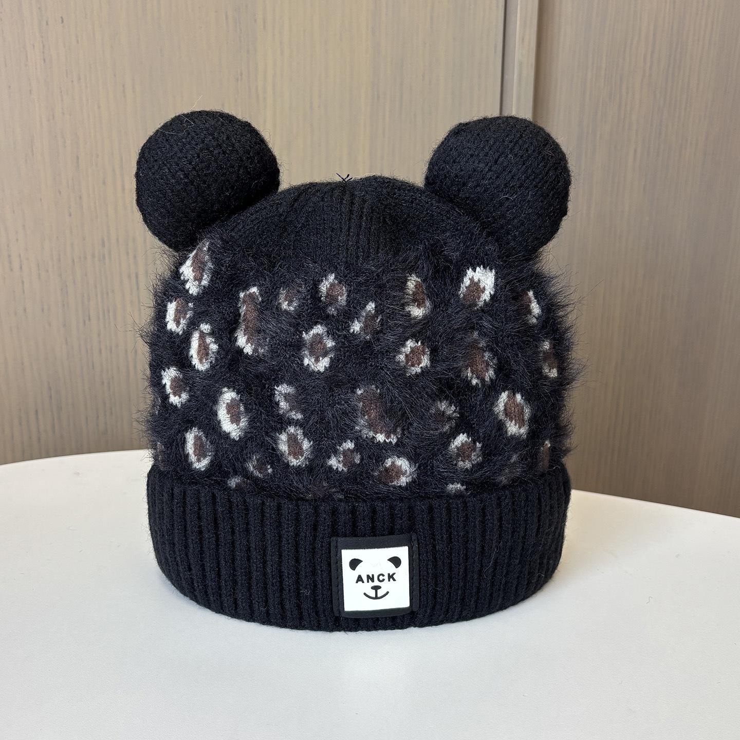 

Bear Ears Versatile Wool Cap Female Leopard Print Plush Knitted Cap Warm Fleece Ear Cap One size fits all чорний