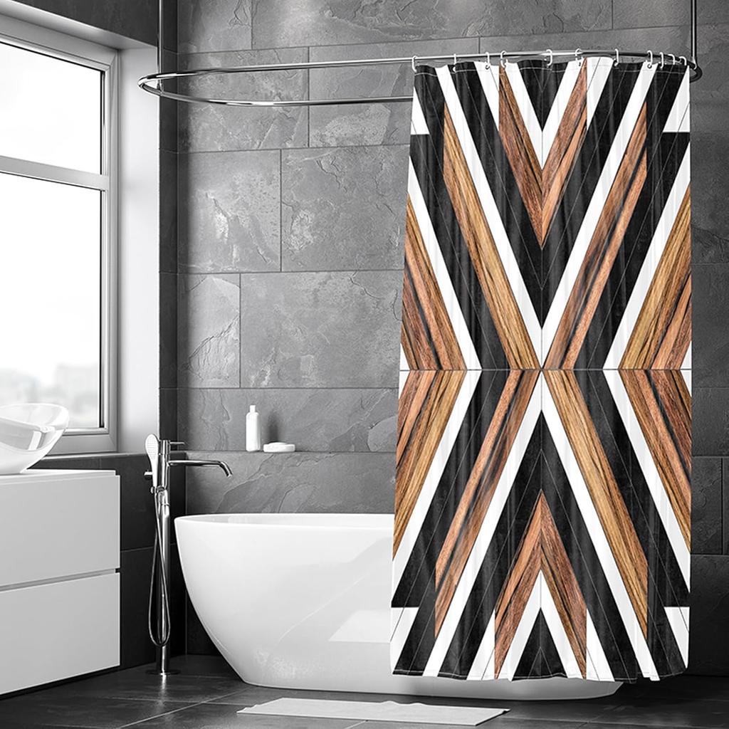 Bohemian Aboriginal Badezimmer Dekorativer Duschvorhang Moderner Neutraler Stammes-Holzstrukturierter Badezimmer Dekorativer Duschvorhang