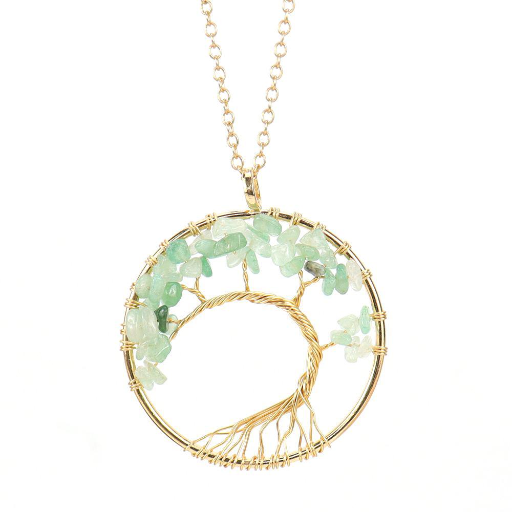 Color Retaining Gold Handmade Winding Natural Crystal Gravel Bending Tree Of Life Necklace N60