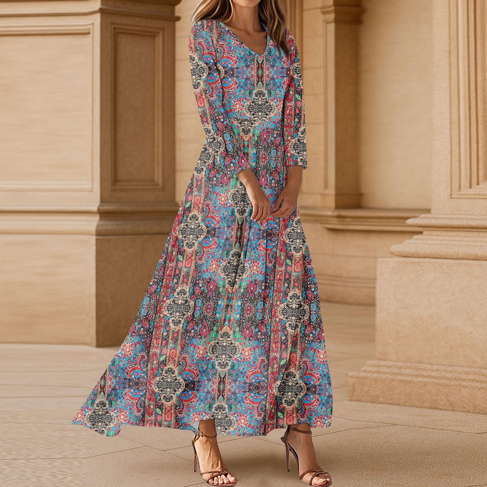 

Платья для женщин Винтажное цветочное туниковое платье миди с завышенной талией Летнее повседневное платье с рукавом 3/4 XL арбуз красный