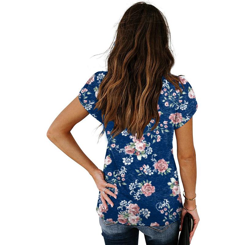 Womens Ladies Summer V Neck Blouse Solid Color Printed Short Sleeves T-shirt Tops