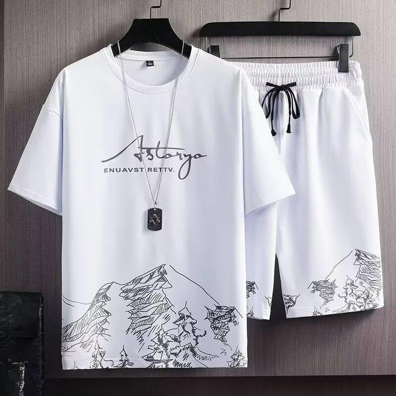 Trendy Loose T-shirt Half-sleeved Men's Clothing Set with Handsome Suit Short-sleeved T-shirt Young Men
