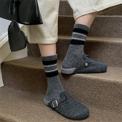 Striped Patchwork Wool Pile Socks, Dark Grey Socks, Women's Autumn and Winter Thickened Cashmere Mid-calf Socks