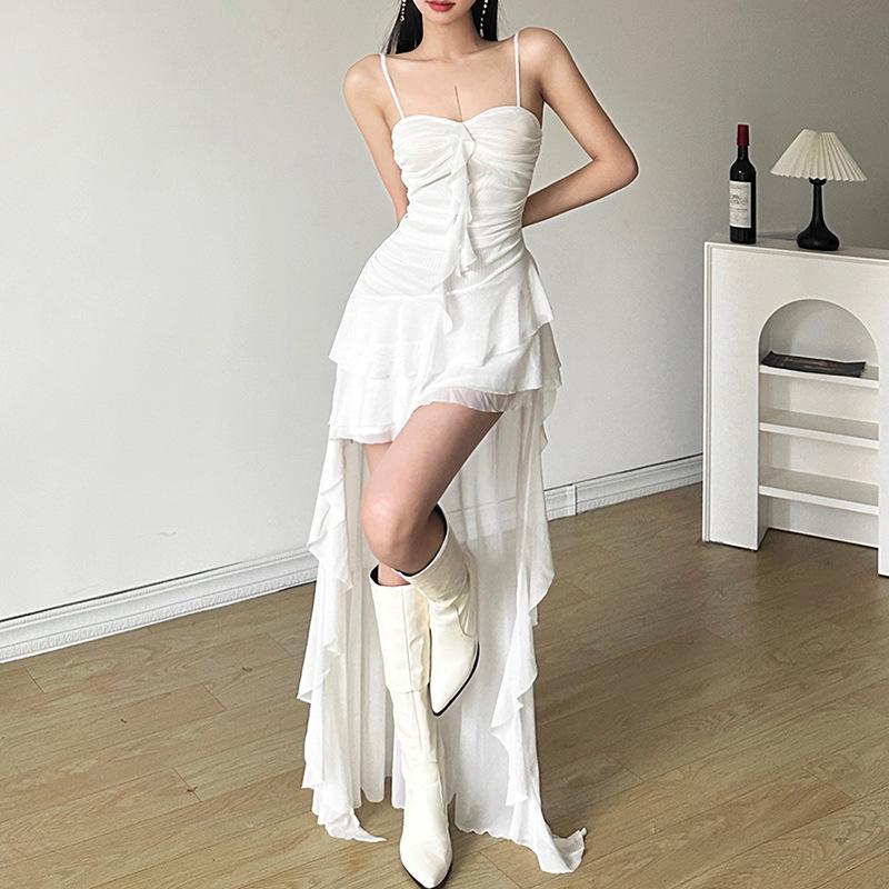 European-American Style 2024 Summer Solid Color Slim High-Waist One-Shoulder Spaghetti Strap Dress