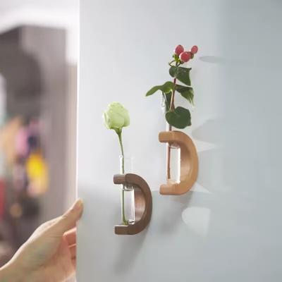 Flower Vase Holder Wooden Ornament Home Accessories Creative Glass Tube Refrigerator Magnet Decor for Auto Interior Plant