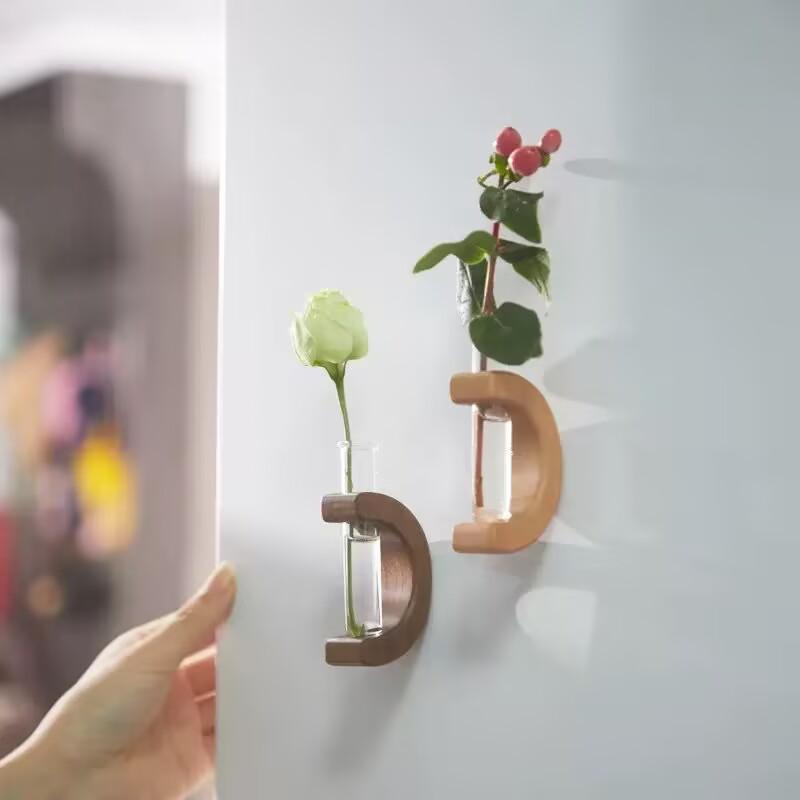 

Flower Vase Holder Wooden Ornament Home Accessories Creative Glass Tube Refrigerator Magnet Decor for Auto Interior Plant темно-коричневого кольору
