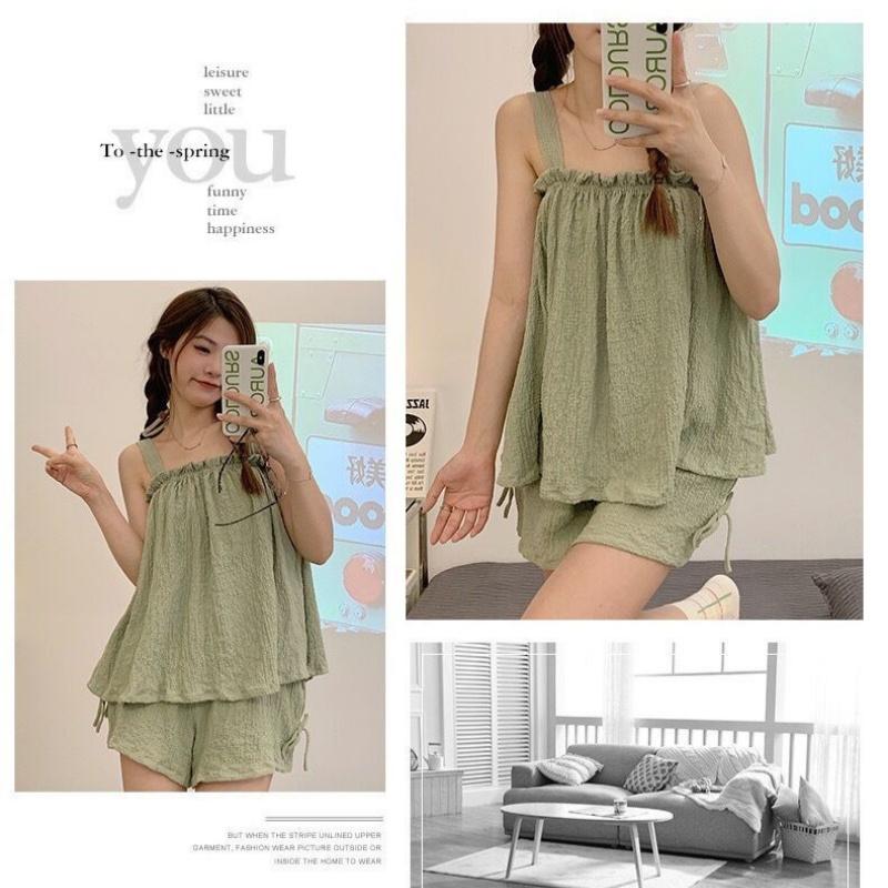Pajama Women's Summer Two Pieces Short Pajamas Suspenders Thin Sweet Cute Gilrs Homewear with Sleeveless Loose Soft Home Clothing