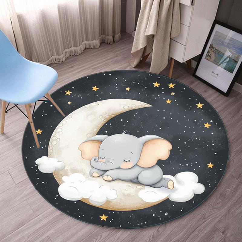 

Cute Elephant Moon Stars Round Rug Baby Nursery Decor Kids Room Floor Mat Dreamy Night Sky Theme Crystal Velvet Carpet 60cm