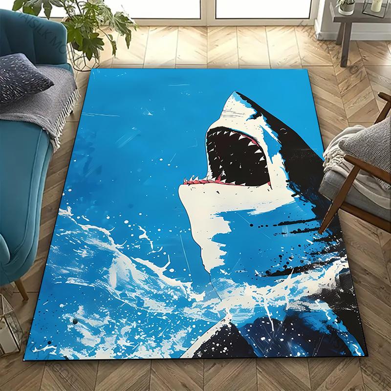 3D Shark Theme Printed Carpet Edgy Nautical Horror Statement Rug for Living Rooms Bedrooms, Office Areas, Durable Washable Mats