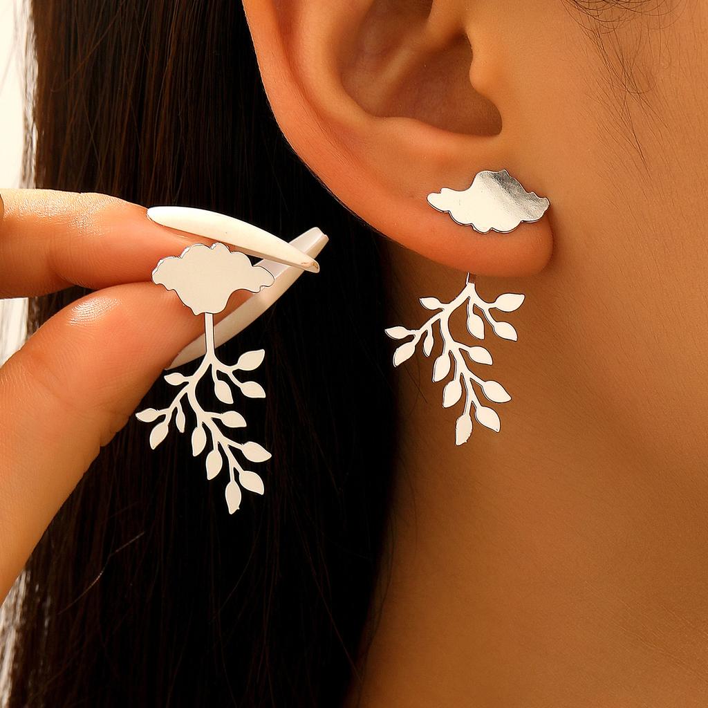 Personalized Leaf Branch Stud Earrings For Women Glossy 3D Niche Rear Hanging Fashion Jewelry