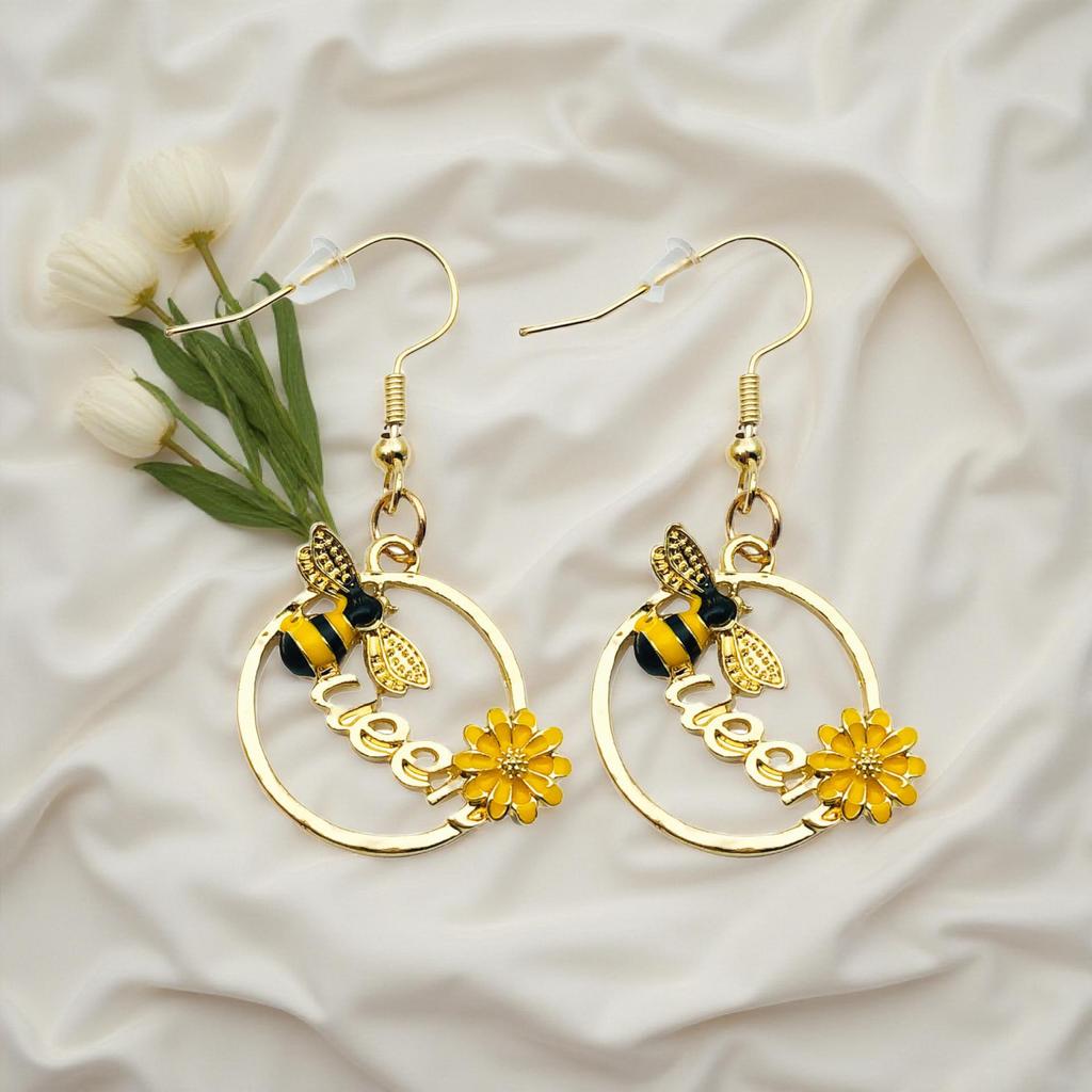 Honeybee Drip Oil Yellow Flower Alloy Earrings