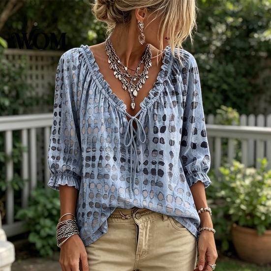 Comoda Maglietta da Viaggio da Donna Estiva Casual, Blusa con Scollo a V e Laccetti, Maniche 3/4, Blusa a Quadri Oversize con Stampa, Top Larghi e Svasati, Leggera