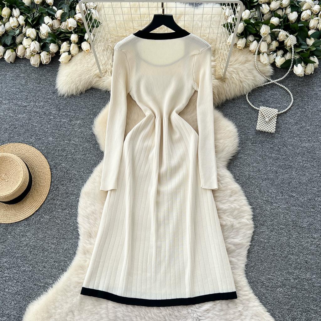 Autumn Winter Women Casual Square Collar Full Sleeve Knitted Sweater Pullover Dresses