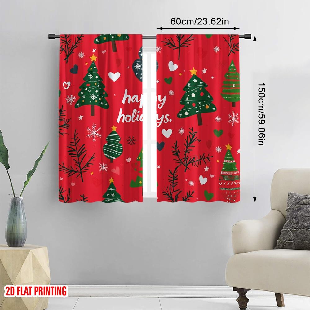 2pcs,2D Plane Printing Print Curtains Christmas Tree Merry Holidays Versatile 100% Polyester (without Rod) Versatile All Use for