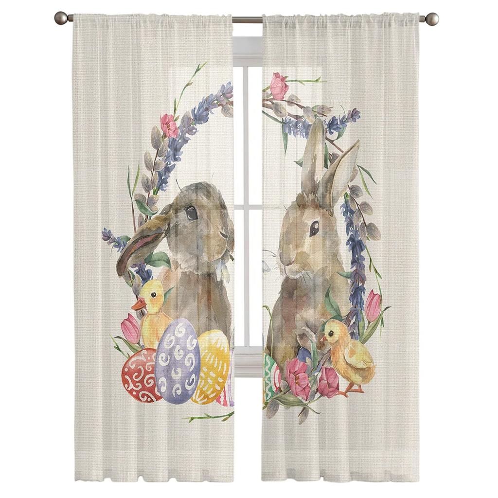 Osterhasen-Ei-Blumen-Tüllvorhänge für Wohnzimmer, Schlafzimmer, Voile, transparenter Vorhang, Fenster, Heimdekoration, Vorhänge