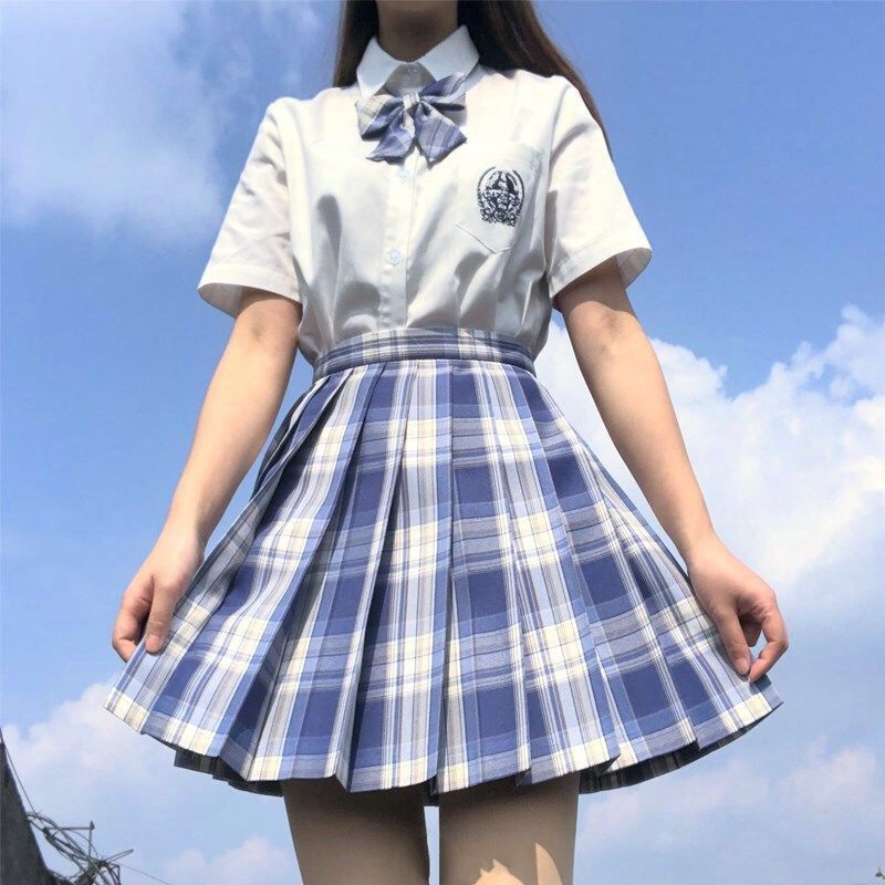 JK Skirts Women Summer High Waist Skirts Korean Style Pleated Skirts for Girls Cute Sweet Ladies Plaid Mini Skirt Shirt Bow Tie Women Set