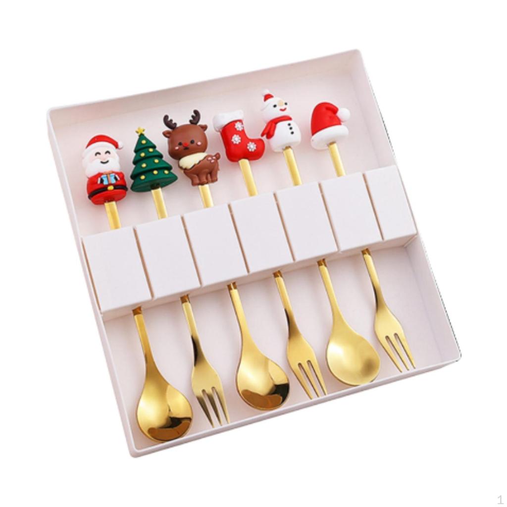 6 Piece Christmas Cutlery Set Flatware with Box Stainless Steel Dessert Spoon Tableware for