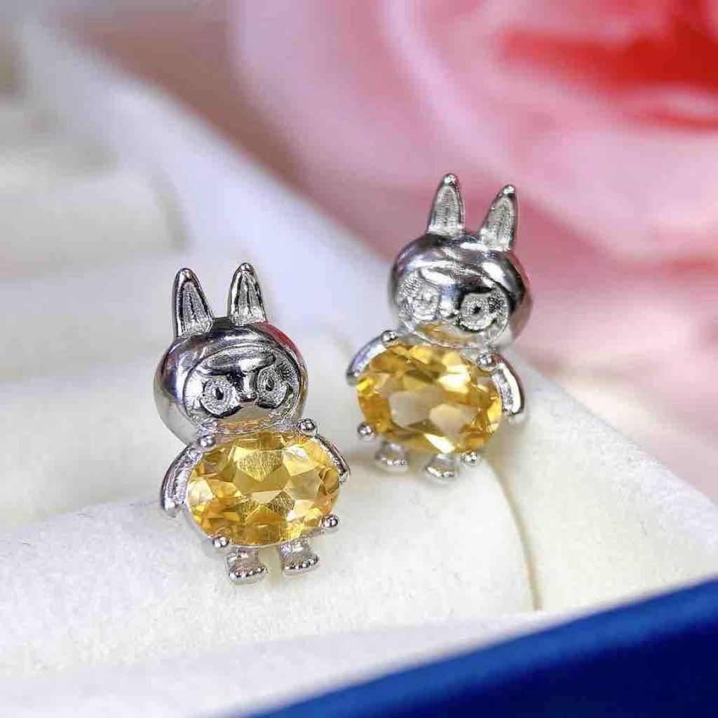 Citrine Stud Earrings: S925 Silver with Natural Design