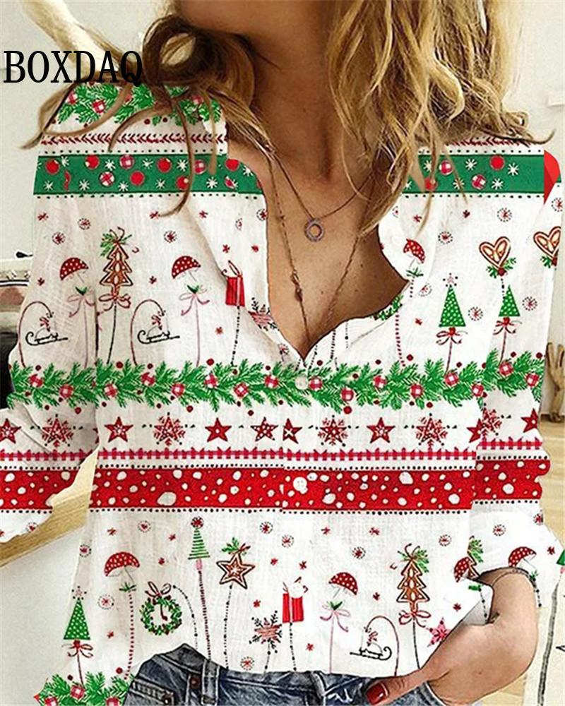 New Women's Blouses Christmas 3D Printed Shirts Autumn Winter Fashion Long Sleeve Funny Cute Santa Claus Casual Button Tops